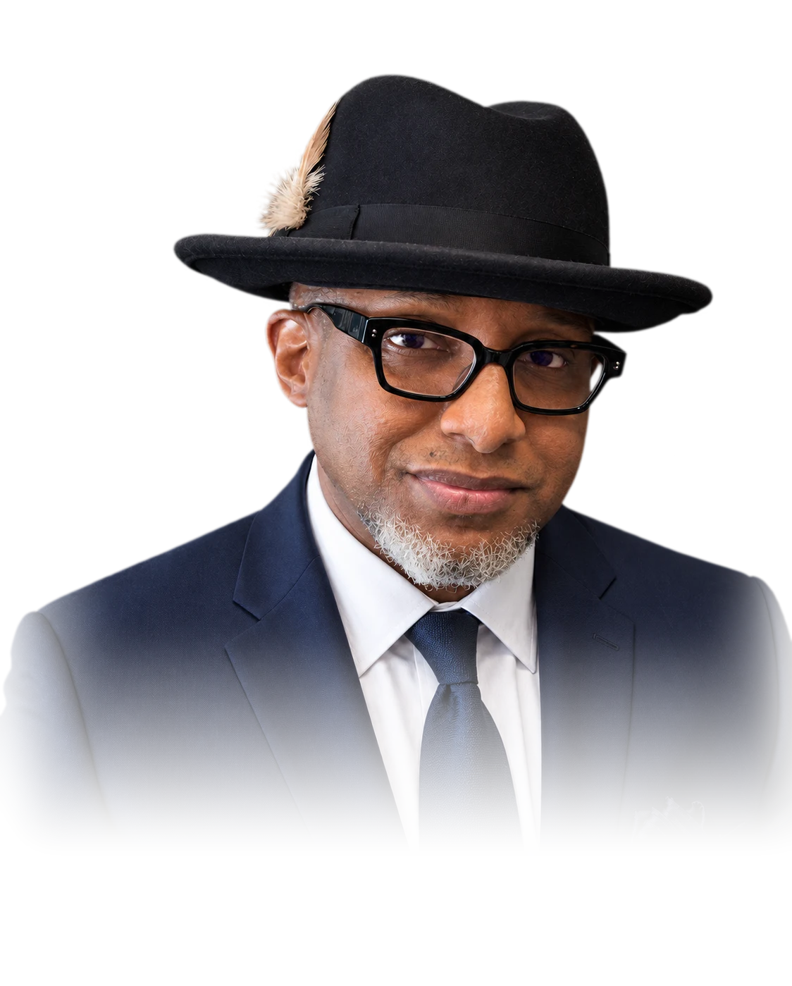 James Perry Wylie Jr. in a black fedora and navy suit